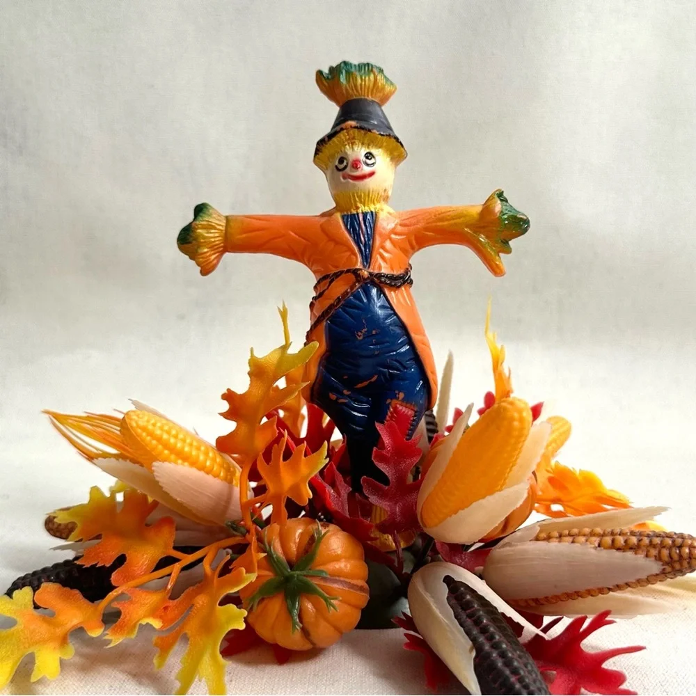 Vintage 1970s Florabelle Flowers scarecrow Fall foliage table centerpiece